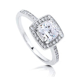Rhodium Plated Sterling Silver Cushion Cut Cubic Zirconia CZ Halo Promise Engagement Ring