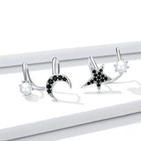 925 Sterling Silver Moon And Star Clips Earrings With Black Stone Precious Jewelry For Women