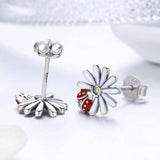 Authentic 925 Sterling Silver Daisy Flower Red Ladybug Stud Earrings for Women Fashion Earrings Jewelry Gift