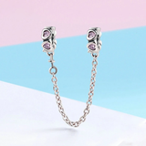 925 Sterling Silver Sweet Inspiration, Pink Heart Safety Chain Stopper Charm fit Charm Bracelet  Jewelry