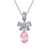 S925 Sterling Silver White Gold Plated Zircon Pink Ribbon Bow Dangle Charms