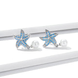925 Sterling Silver Ocean Blue Starfish with Pearl Stud Earrings Precious Jewelry For Women
