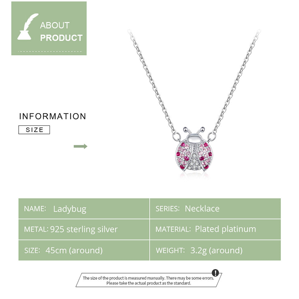 925 Sterling Silver Beautiful Pink Ladybug Pendant Necklace Fashion Jewelry For Women