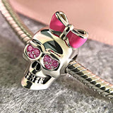 925 Sterling Silver Pink  Ribbon Bow & Pink  CZ  Skull Charm Beads Pink Loving Eyes Best Gifts For Women
