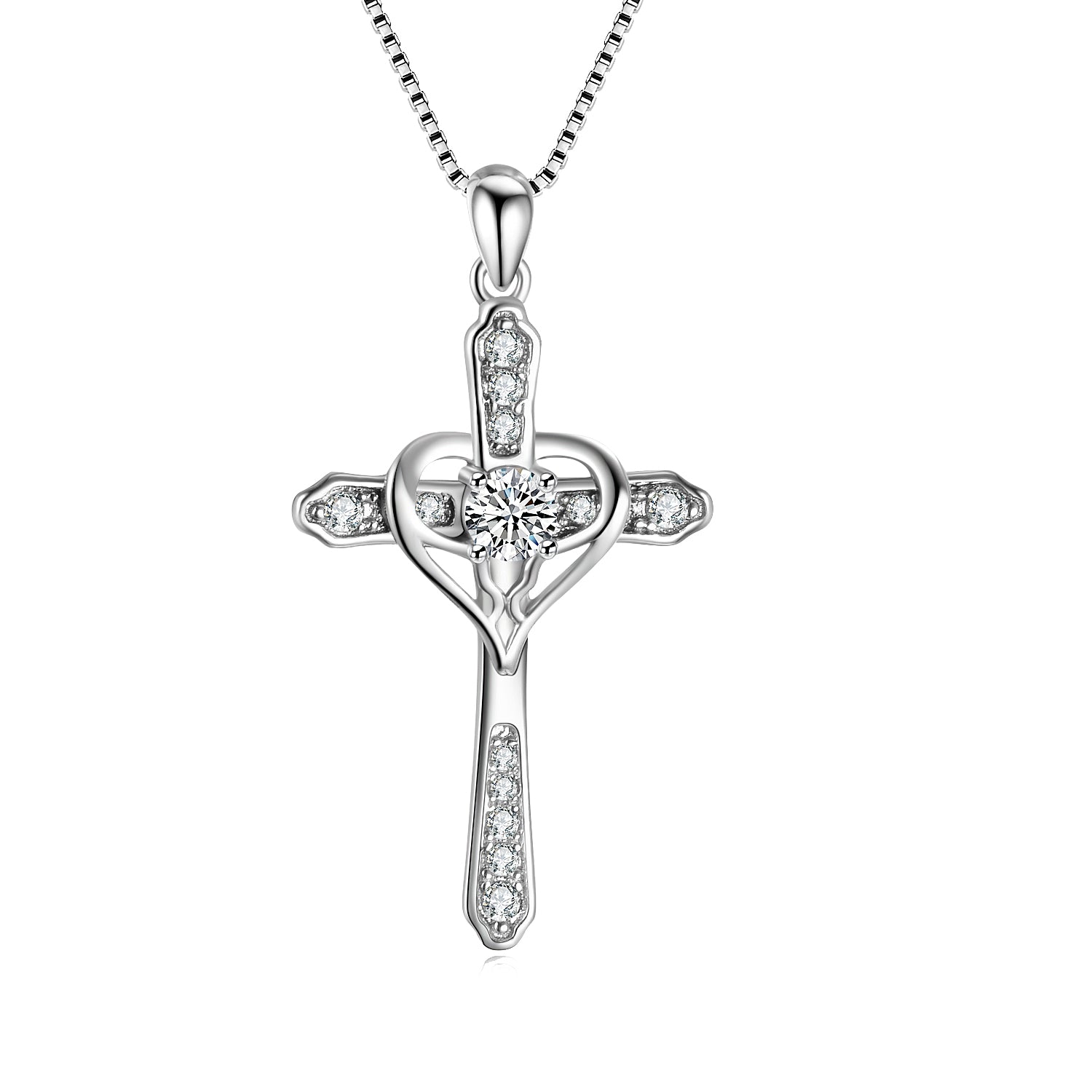 Heart Cross Necklace 925 Sterling Silver Zirconia Bright Elegant Lady Necklace
