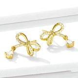 Bowknot Gold Color Stud Earrings for Women 925 Sterling Silver Waterdrop Earings Engagement Statement Jewelry