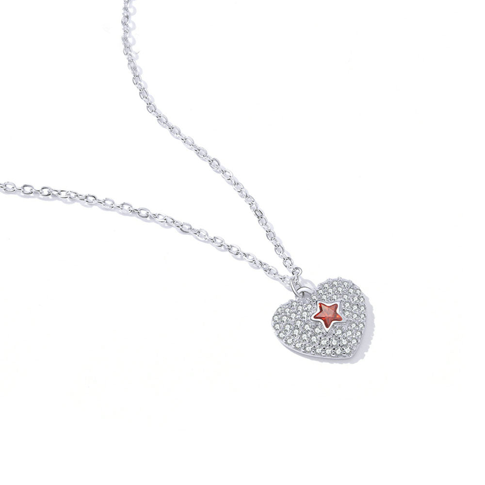 925 Sterling Silver Shining Red Star Heart Pendant Necklace Fashion Jewelry For Women