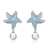 925 Sterling Silver Ocean Blue Starfish with Pearl Stud Earrings Precious Jewelry For Women