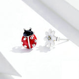 925 Sterling Silver Ladybird and Flower Stud Earrings Precious Jewelry For Women