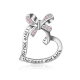 S925 Sterling Silver Heart Shaped Ribbon Bow Necklace Pendant with CZ For Women