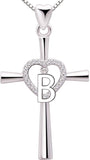 Sterling Silver Initial Letter Alphabet Love Heart Cross Cubic Zirconia Pendant Necklace