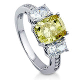Rhodium Plated Sterling Silver Canary Yellow Cushion Cut Cubic Zirconia CZ 3-Stone Anniversary Engagement Ring