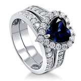 Rhodium Plated Sterling Silver Simulated Blue Sapphire Heart Shaped Cubic Zirconia CZ Statement Halo Engagement Wedding Ring Set