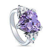 Rhodium Plated Sterling Silver Purple Heart Shaped Cubic Zirconia CZ Statement 3-Stone Cocktail Anniversary Fashion Right Hand Ring