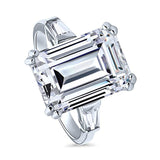 Rhodium Plated Sterling Silver Emerald Cut Cubic Zirconia CZ Statement Solitaire Engagement Ring