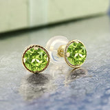 14K Gold Green Peridot Stud Earrings Gemstone Birthstone Round 4MM For Women
