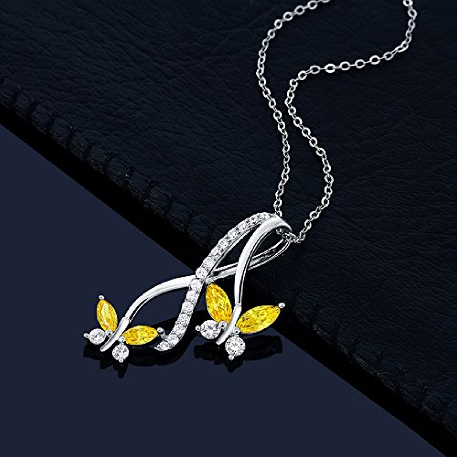 925 Sterling Silver Yellow Marquise Cut Zirconia Butterfly Infinity Women Pendant Necklace 1.18 Cttw with 18 Inch Chain