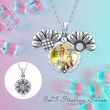 Locket Necklace That Holds Pictures S925 Sterling Silver Sunflower Locket Necklace Vintage Oxidized Sunflower Photo Pendant Family Mother's Day Gifts for Women Teen