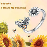 Bee Sunflower Ring Sterling Silver Open Adjustable Flower Cubic Zirconia Rings for Women You are My Sunshine Gifts