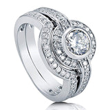 Rhodium Plated Sterling Silver Round Cubic Zirconia CZ Halo Engagement Wedding Ring Set