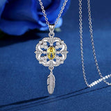 Floral and Feathers Jewelry Sterling Silver CZ Gemstones and Yellow Topaz Oval Necklace, Christmas Gifts for Women and Girls