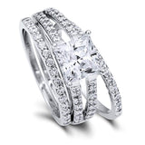 Rhodium Plated Sterling Silver Princess Cut Cubic Zirconia CZ Statement Solitaire Engagement Wedding Split Shank Ring Set