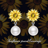 Sunflower Daisy Earrings for Women 925 Sterling Silver Flower Dangle Drop Earrings with 5-6mm Handpicked White Freshwater Cultured Pearl Earrings for Teen Girls Birthday