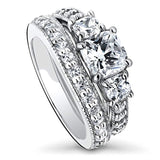 Rhodium Plated Sterling Silver Cushion Cut Cubic Zirconia CZ 3-Stone Anniversary Engagement Wedding Ring Set