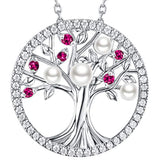 Silver Red Ruby and White Pearl Tree of Life Jewelry Necklace