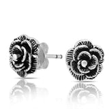 Garden Black Rose Flower Stud Earrings For Women Antiqued Oxidized 925 Sterling Silver