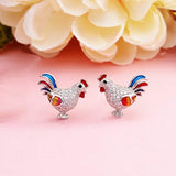 Women's 925 Sterling Silver CZ Multicolor Enamel Rooster Animal Pierced Stud Earrings Clear