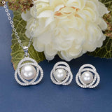 925 Sterling Silver CZ Freshwater Cultured Pearl Elegant Pendant Necklace Earrings Set Clear