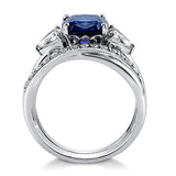 Rhodium Plated Sterling Silver Simulated Blue Sapphire Cushion Cut Cubic Zirconia CZ 3-Stone Infinity Engagement Wedding Ring Set