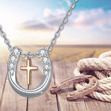 Horseshoe Pendant Necklace Jewelry Gifts for Women Girls Silver Lucky Horse Cross Necklace Embrace Horse Necklace for Cowgirls Equestrian Birthday Mother's Day Gift