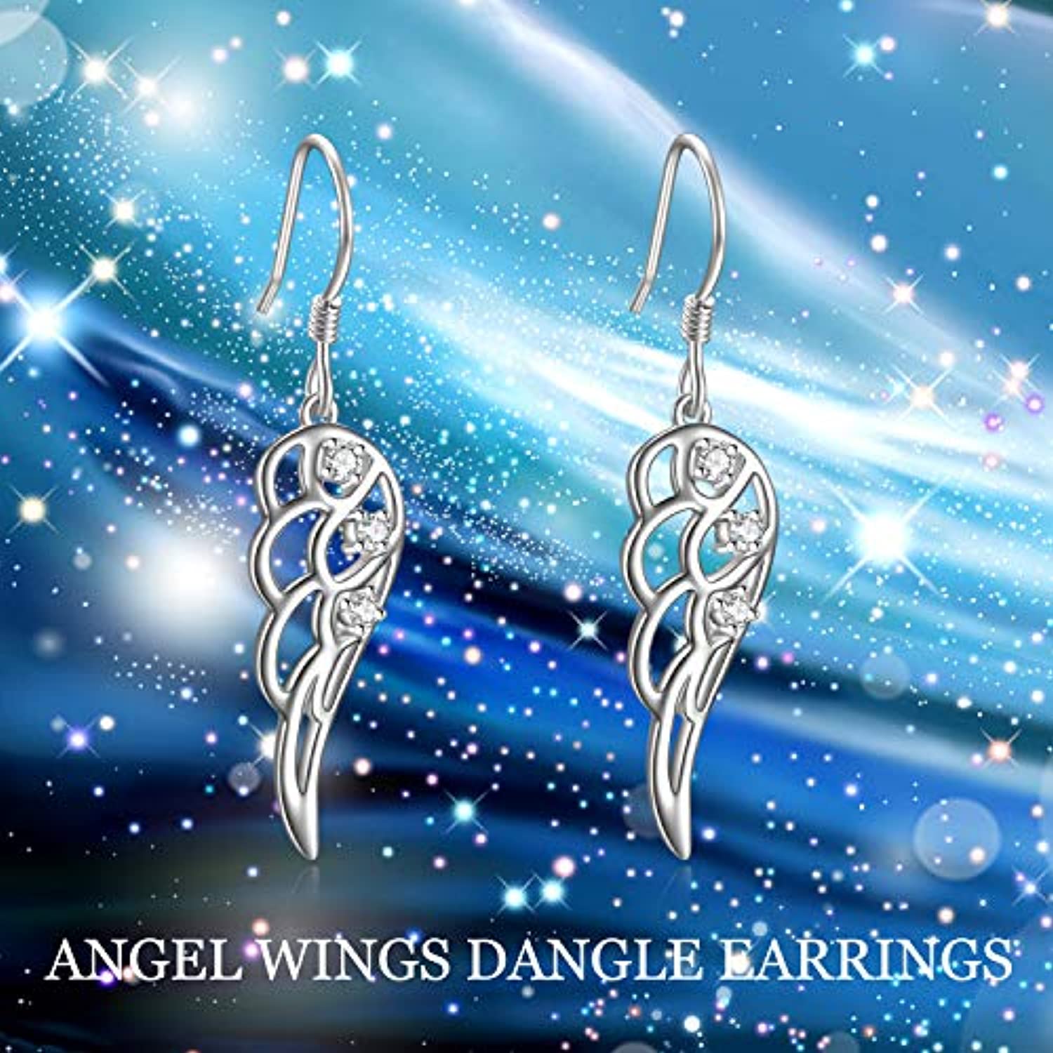 Angel Wings Dangle Earrings Sterling Silver CZ Hollow Out Filigree Angel Wings Dangles Earrings for Women Girls