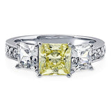 Rhodium Plated Sterling Silver Canary Yellow Princess Cut Cubic Zirconia CZ 3-Stone Anniversary Promise Engagement Ring