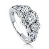 Rhodium Plated Sterling Silver Round Cubic Zirconia CZ 3-Stone Anniversary Engagement Split Shank Ring