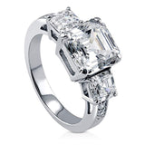 Rhodium Plated Sterling Silver Asscher Cut Cubic Zirconia CZ 3-Stone Anniversary Engagement Ring