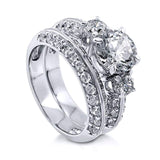 Rhodium Plated Sterling Silver Round Cubic Zirconia CZ 3-Stone Anniversary Engagement Wedding Ring Set