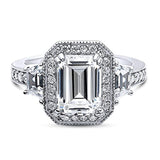 Rhodium Plated Sterling Silver Emerald Cut Cubic Zirconia CZ Statement Halo Engagement Ring