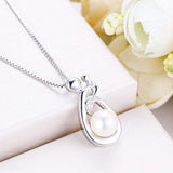 Women's 925 Sterling Silver CZ 8MM Freshwater Cultured Pearl Mom and Child Pendant Necklace