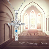 S925 Sterling Silver Heart-Blue CZ Necklace Love Heart Cross Cubic Zirconia Pendant S925 Jewelry for Women