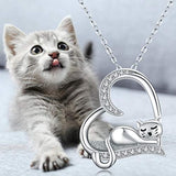 Cat Necklace 925 Sterling Silver Heart Necklace for Women,Cubic Zirconia Cute Animal Pendant Necklace Cat Jewelry for Mom