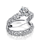Vintage Style 1CT Round Solitaire Milgrain AAA CZ Engagement Wedding Band Ring Set For Women 925 Sterling Silver
