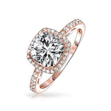 3CT Square Cushion Cut Solitaire Halo AAA CZ Engagement Ring Thin Pave Band Rose Gold Plated 925 Sterling Silver
