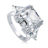 Rhodium Plated Sterling Silver Asscher Cut Cubic Zirconia CZ Statement 3-Stone Anniversary Engagement Ring