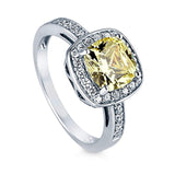 Rhodium Plated Sterling Silver Canary Yellow Cushion Cut Cubic Zirconia CZ Halo Engagement Ring