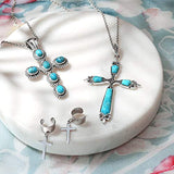 Southwestern Style Stabilized Turquoise Rope Bezel Set Cross Pendant Necklace For Women 925 Sterling Silver