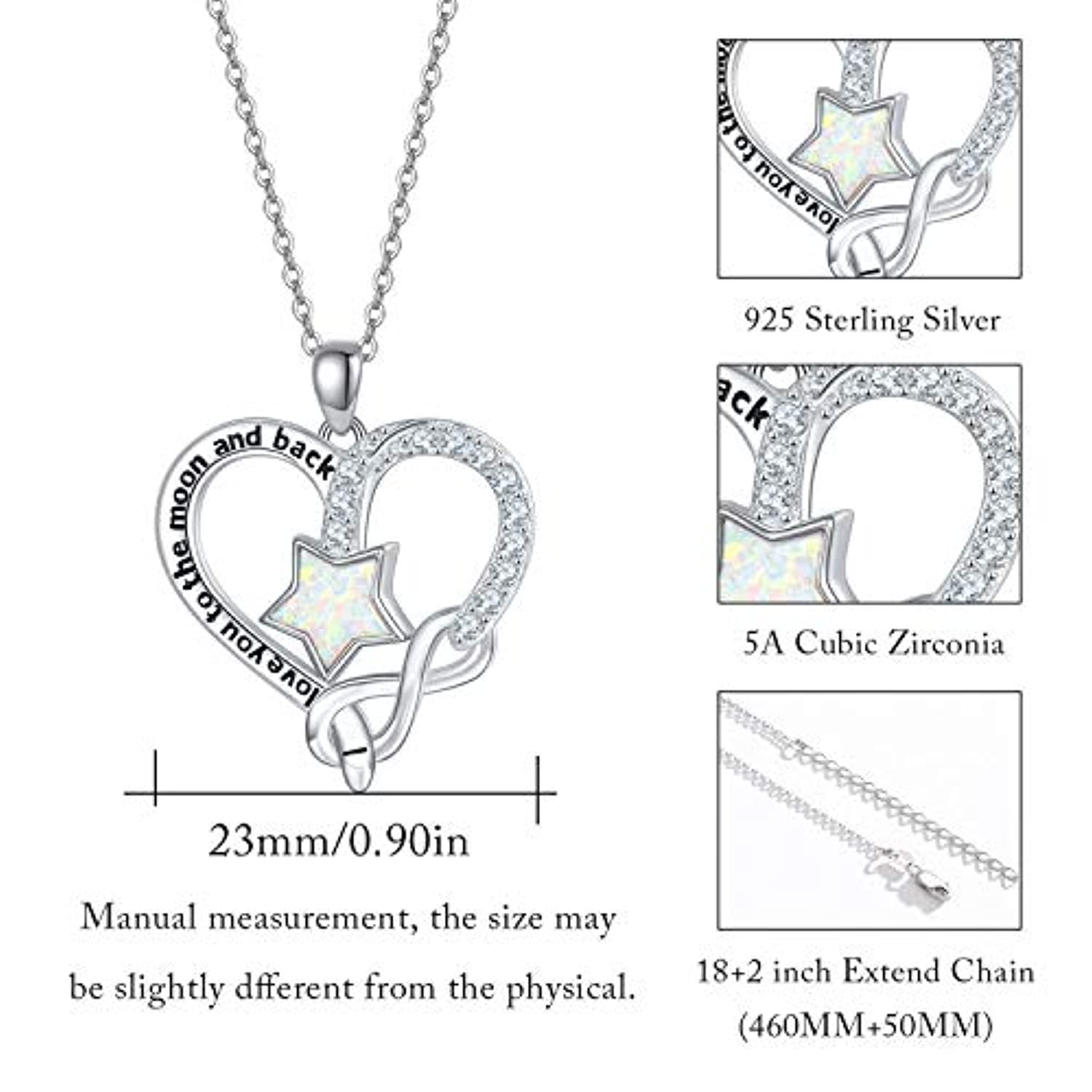 Opal Star Necklace Love Heart Infinity Pendant I Love You to The Moon and Back Sterling Silver Jewelry Gift for Women