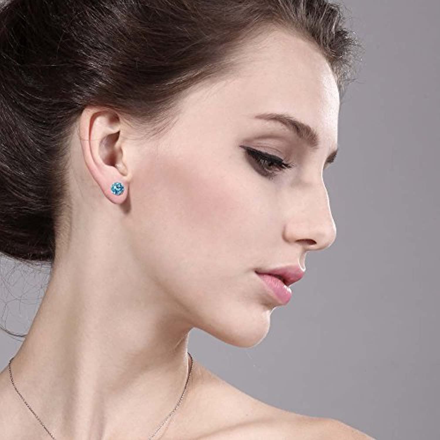 14K  Gold  Round Swiss Blue Topaz Stud Earrings For Women
